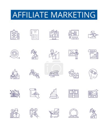 Illustration for Affiliate marketing line icons signs set. Design collection of Affiliate, Marketing, Advertising, Promotion, Commission, Revenue, Network, Online outline vector concept illustrations - Royalty Free Image