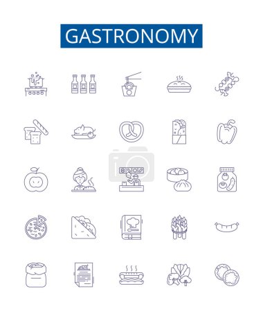Illustration for Gastronomy line icons signs set. Design collection of Cooking, Dining, Cuisine, Eating, Banquets, Recipes, Gourmand, Degustation outline vector concept illustrations - Royalty Free Image