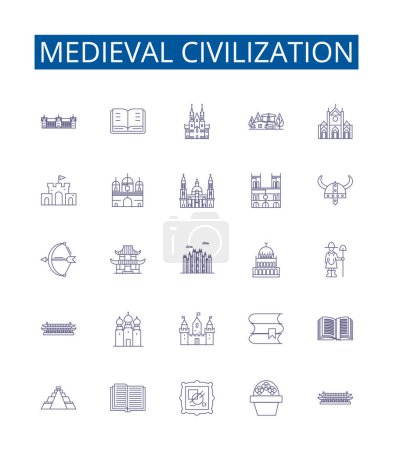 Illustration for Medieval civilization line icons signs set. Design collection of Medieval, Civilization, History, Middle Ages, Knights, Peasants, Feudalism, Architecture outline vector concept illustrations - Royalty Free Image