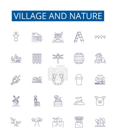 Illustration for Village and nature line icons signs set. Design collection of Village, Nature, Rural, Lands, Countryside, Outdoors, Forests, Hills outline vector concept illustrations - Royalty Free Image