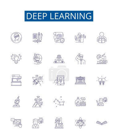 Illustration for Deep learning line icons signs set. Design collection of Deep learning, Neural networks, Machine learning, Backpropagation, CNN, NLP, AI, Reinforcement learning outline vector concept illustrations - Royalty Free Image