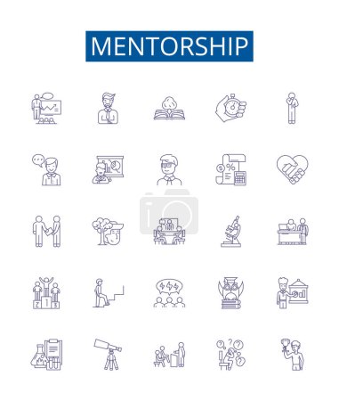 Illustration for Mentorship line icons signs set. Design collection of Mentor, Mentorship, Guidance, Tutelage, Coaching, Supervision, Advisement, Support outline vector concept illustrations - Royalty Free Image
