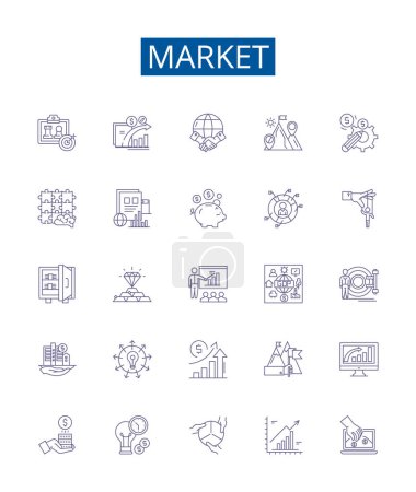 Illustration for Market line icons signs set. Design collection of Market, Trade, Shopping, Retail, Bazaar, Vend, Exchange, Commercial outline vector concept illustrations - Royalty Free Image
