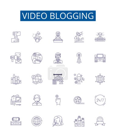 Téléchargez les illustrations : Bloguer vidéo ligne icônes signes ensemble. Collection design de Vlogging, Video blogging, Videoblogging, Vidéodiffusion, Vlogs, Vloggers, Video podcasting, Illustrations de concept vectoriel de contour de Vodcasting - en licence libre de droit