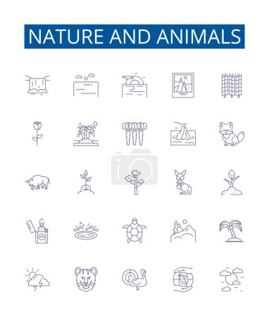 Illustration for Nature and animals line icons signs set. Design collection of Nature, Animals, Fauna, Flora, Wildlife, Habitat, Ecosystem, Birds outline vector concept illustrations - Royalty Free Image