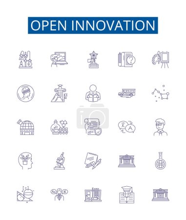 Illustration for Open innovation line icons signs set. Design collection of Open, Innovation, Collaboration, Sharing, Co Creation, Knowledge, Platforms, Exchange outline vector concept illustrations - Royalty Free Image
