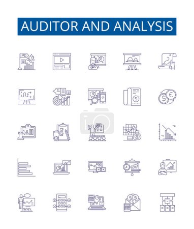 Illustration for Auditor and analysis line icons signs set. Design collection of Auditor, Analysis, Auditing, Analyzing, Evaluating, Scrutiny, Inspecting, Reviewing outline vector concept illustrations - Royalty Free Image