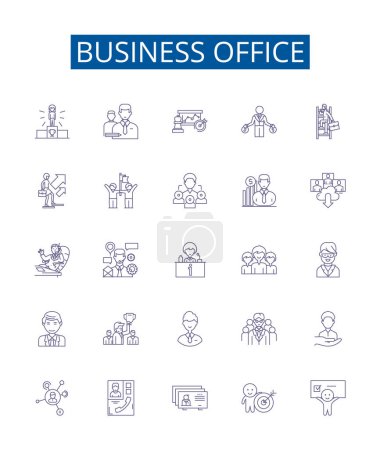 Illustration for Business office line icons signs set. Design collection of Office, Business, Commercial, Desk, Furniture, Equipment, Files, Chairs outline vector concept illustrations - Royalty Free Image