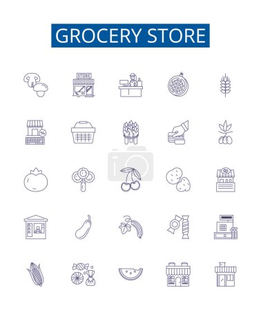 Illustration for Grocery store line icons signs set. Design collection of Grocery, Store, Supermarket, Provisions, Fruits, Vegetables, Dairy, Meat outline vector concept illustrations - Royalty Free Image