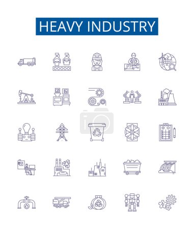 Illustration for Heavy industry line icons signs set. Design collection of Manufacturing, Fabrication, Machining, Mining, Metallurgy, Automation, Robotics, Steelmaking outline vector concept illustrations - Royalty Free Image