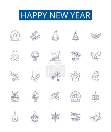 Illustration for Happy new year line icons signs set. Design collection of Glad, Joyous, Cheerful, Merry, Festive, Blessing, Jubilant, Optimistic outline vector concept illustrations - Royalty Free Image