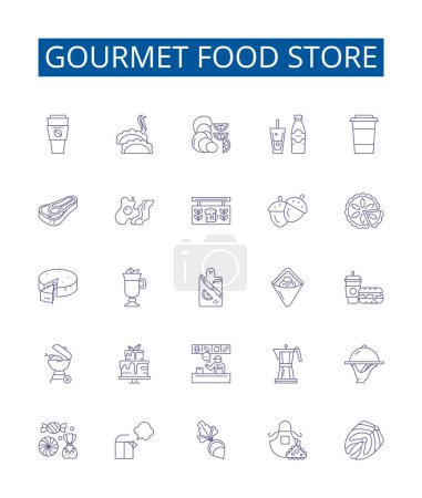 Ilustración de Gourmet línea de tiendas de alimentos iconos conjunto de signos. Diseño de la colección de Gourmet, Comida, Tienda, Delicados, Abarrotes, Cocina, Especialidad, Gourmand esquema vector concepto ilustraciones - Imagen libre de derechos