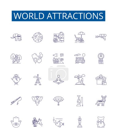 Illustration for World attractions line icons signs set. Design collection of Sites, Destinations, Attractions, Monuments, Landmarks, Wonders, Ruins, Parks outline vector concept illustrations - Royalty Free Image
