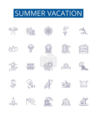 Ilustración de Verano línea de vacaciones iconos letreros conjunto. Diseño de la colección de vacaciones, vacaciones, sol, playa, diversión, calor, barbacoa, esquemas de viaje vector concepto ilustraciones - Imagen libre de derechos