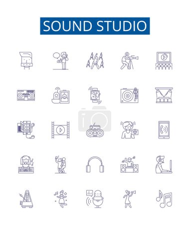 Illustration for Sound studio line icons signs set. Design collection of Recording, Mixing, Music, Soundstage, Microphone, Producer, Audio, Broadcast outline vector concept illustrations - Royalty Free Image