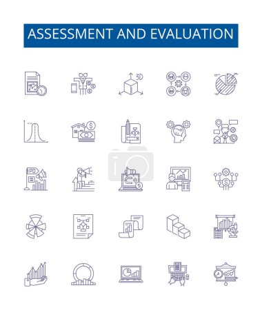 Assessment and evaluation line icons signs set. Design collection of assessment, evaluation, analysis, measurement, feedback, review, rating, testing outline vector concept illustrations