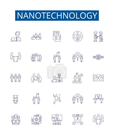 Téléchargez les illustrations : Icônes de la ligne de nanotechnologie signes ensemble. Collection design de Nano, Technologie, Nanomatériaux, Nanoparticules, Nanoélectronique, Nanomédecine, Nanobots, Nanofabrication esquisse vectorielle concept illustrations - en licence libre de droit