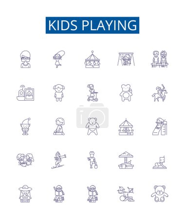 Ilustración de Niños jugando línea iconos letreros conjunto. Diseño de la colección de niños, Jugando, Juegos, Juguetes, Al aire libre, Frisbee, Fútbol, Saltar esquema concepto vectorial ilustraciones - Imagen libre de derechos