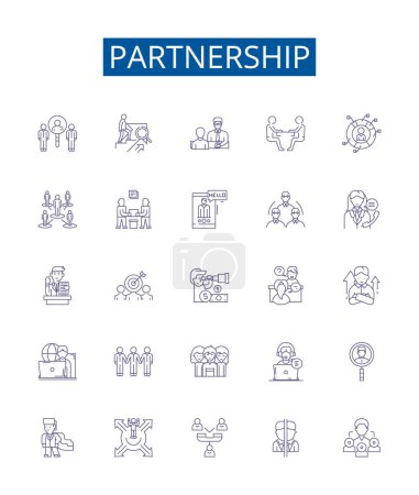 Illustration for Partnership line icons signs set. Design collection of Alliance, Cooperation, Union, Affinity, Fellowship, Consortium, Linkage, Interaction outline vector concept illustrations - Royalty Free Image