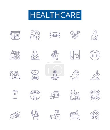 Línea de salud iconos signos establecidos. Diseño de la colección de Cuidado, Salud, Medicina, Tratamiento, Bienestar, Diagnóstico, Mental, Salud esquema vector concepto ilustraciones