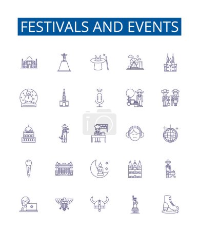 Illustration for Festivals and events line icons signs set. Design collection of Parades, Galas, Concerts, Celebrations, Carnivals, Balls, Fairs, Carnivales outline vector concept illustrations - Royalty Free Image