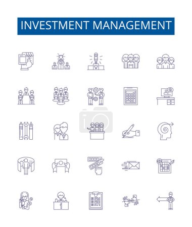 Investment management line icons signs set. Design collection of Investment, Management, Wealth, Portfolio, Risk, Capital, Asset, Strategy outline vector concept illustrations