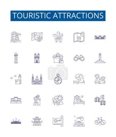 Illustration for Touristic attractions line icons signs set. Design collection of Attractions, Tourism, Sites, Sightseeing, Vacations, Places, Views, Excursions outline vector concept illustrations - Royalty Free Image
