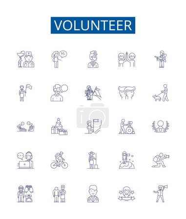 Ilustración de Iconos de línea de voluntarios fijados. Diseño de la colección de Donar, Ayuda, Servir, Contribuir, Participar, Ayuda, Cometer, Reparar esquema vector concepto ilustraciones - Imagen libre de derechos