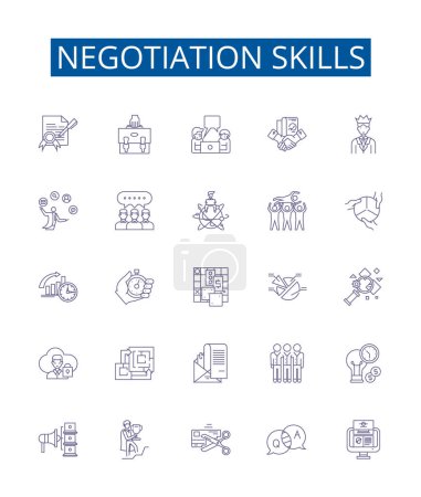 Illustration for Negotiation skills line icons signs set. Design collection of Negotiation, Skills, Facilitation, Persuasion, Compromise, Mediation, Analyzing, Listening outline vector concept illustrations - Royalty Free Image