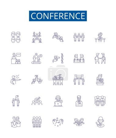 Illustration for Conference line icons signs set. Design collection of Conclave, Forum, Summit, Dialogue, Symposium, Assembly, Rally, Caucus outline vector concept illustrations - Royalty Free Image