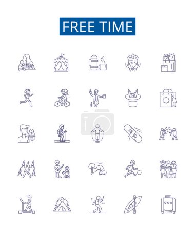 Illustration for Free time line icons signs set. Design collection of Leisure, Idleness, Relaxation, Vacation, Holiday, Repose, Downtime, Fun outline vector concept illustrations - Royalty Free Image