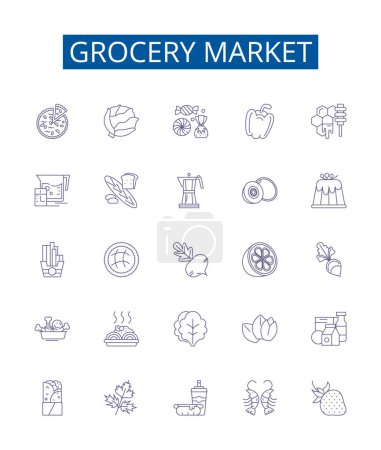 Illustration for Grocery market line icons signs set. Design collection of Groceries, Market, Supermarket, Shopping, Fruits, Vegetables, Dairy, Staples outline vector concept illustrations - Royalty Free Image