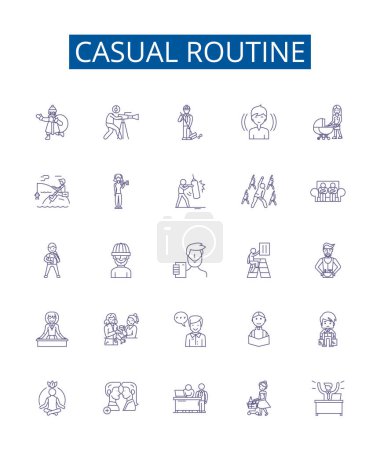 Illustration for Casual routine line icons signs set. Design collection of Lax, Habitual, Ordinary, Usual, Nonchalant, Everyday, Familiar, Freestyle outline vector concept illustrations - Royalty Free Image