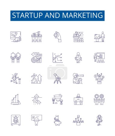 Illustration for Startup and marketing line icons signs set. Design collection of Startup, Marketing, Entrepreneurship, Business, Idea, Growth, Plan, Investors outline vector concept illustrations - Royalty Free Image