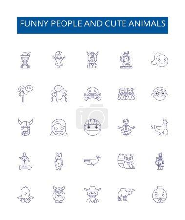 Illustration for Funny people and cute animals line icons signs set. Design collection of Humorous, Furry, Adorable, Amusing, Grinning, Playful, Charming, Cheerful outline vector concept illustrations - Royalty Free Image