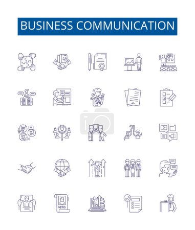Línea de comunicación de negocios iconos letreros establecidos. Colección de diseño de redes, Estrategias, Negociación, Informes, Presentaciones, Cursos, Calidad, Políticas esbozan ilustraciones de conceptos vectoriales