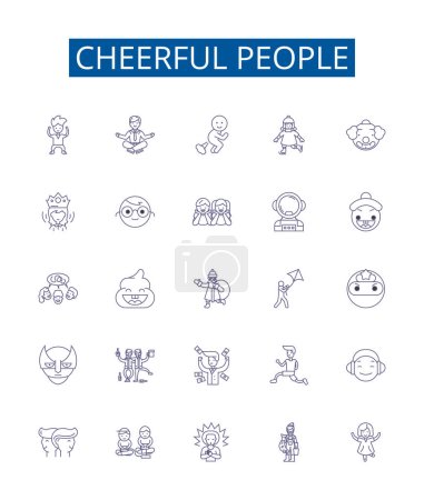 Illustration for Cheerful people line icons signs set. Design collection of Cheerful, Joyous, Glad, Lighthearted, Exuberant, Delighted, Mirthful, Jubilant outline vector concept illustrations - Royalty Free Image