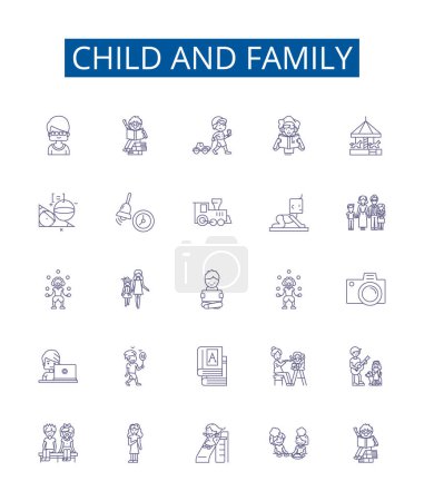 Illustration for Child and family line icons signs set. Design collection of Child, Family, childhood, parenting, upbringing, nurture, young, parenting skills outline vector concept illustrations - Royalty Free Image