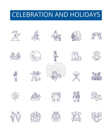 Illustration for Celebration and holidays line icons signs set. Design collection of Festivals, Celebrations, Holidays, Party, Merriment, Joy, Happiness, Gatherings outline vector concept illustrations - Royalty Free Image
