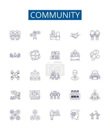 Illustration for Community line icons signs set. Design collection of Society, Fellowship, Network, Clan, Congregation, Group, Alliance, Tribe outline vector concept illustrations - Royalty Free Image