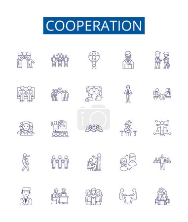 Illustration for Cooperation line icons signs set. Design collection of Collaboration, Accord, Alliance, Union, Consensus, Compromise, Amity, Affinity outline vector concept illustrations - Royalty Free Image