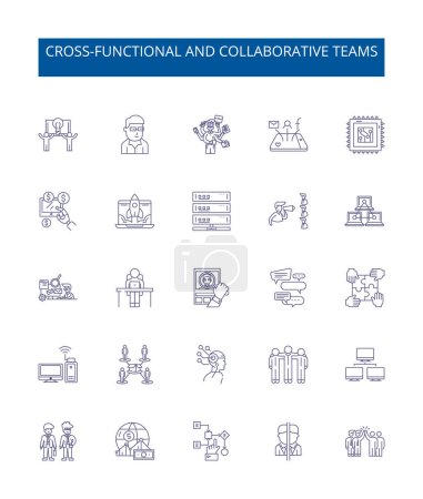 Ilustración de Los equipos interfuncionales y colaborativos alinean los iconos con los signos establecidos. Colaboración, Cruz funcional, Equipos, Integración, Cooperación, Multidisciplinar, Participación, Interdisciplinar - Imagen libre de derechos