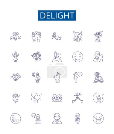 Illustration for Delight line icons signs set. Design collection of Joy, Appeal, Gratify, Thrill, Enchant, Amuse, Satisfy, Elate outline vector concept illustrations - Royalty Free Image