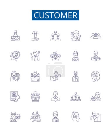 Illustration for Customer line icons signs set. Design collection of Client, Patron, Purchaser, Consumer, Buyer, Subscriber, User, Guest outline vector concept illustrations - Royalty Free Image
