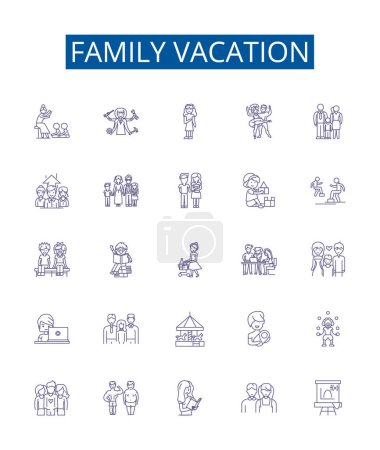 Illustration for Family vacation line icons signs set. Design collection of Vacation, Family, Trip, Tour, Journey, Holiday, Adventure, Outing outline vector concept illustrations - Royalty Free Image