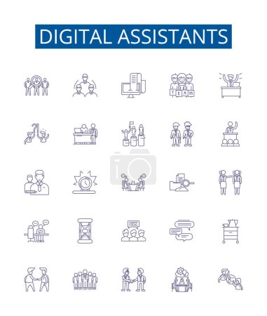 Illustration for Digital assistants line icons signs set. Design collection of Virtual, Assistants, Digital, Siri, Alexa, Cortana, Bixby, Google outline vector concept illustrations - Royalty Free Image