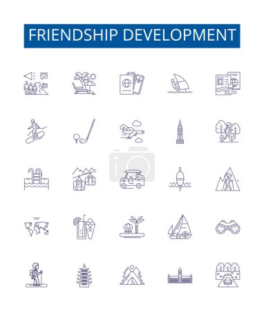 Illustration for Friendship development line icons signs set. Design collection of Bonding, Friendship, Uniting, Strengthening, Connecting, Enhancing, Growing, Evolving outline vector concept illustrations - Royalty Free Image