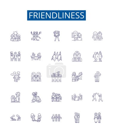 Illustration for Friendliness line icons signs set. Design collection of Affability, Amiability, Approachability, Benevolence, Camaraderie, Comradeship, Cordiality, Courtesy outline vector concept illustrations - Royalty Free Image