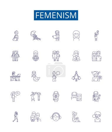Illustration for Femenism line icons signs set. Design collection of Feminism, Womanism, Equality, Liberation, Rights, Womxn, Empowerment, Autonomy outline vector concept illustrations - Royalty Free Image