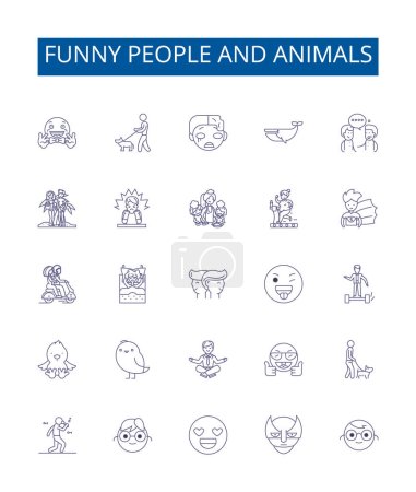 Téléchargez les illustrations : Les gens drôles et les animaux ligne icônes signes ensemble. Collection design d'illustrations vectorielles de contours humoristiques, comiques, amusantes, clowns, spirituelles, waggish, sportives, farce - en licence libre de droit